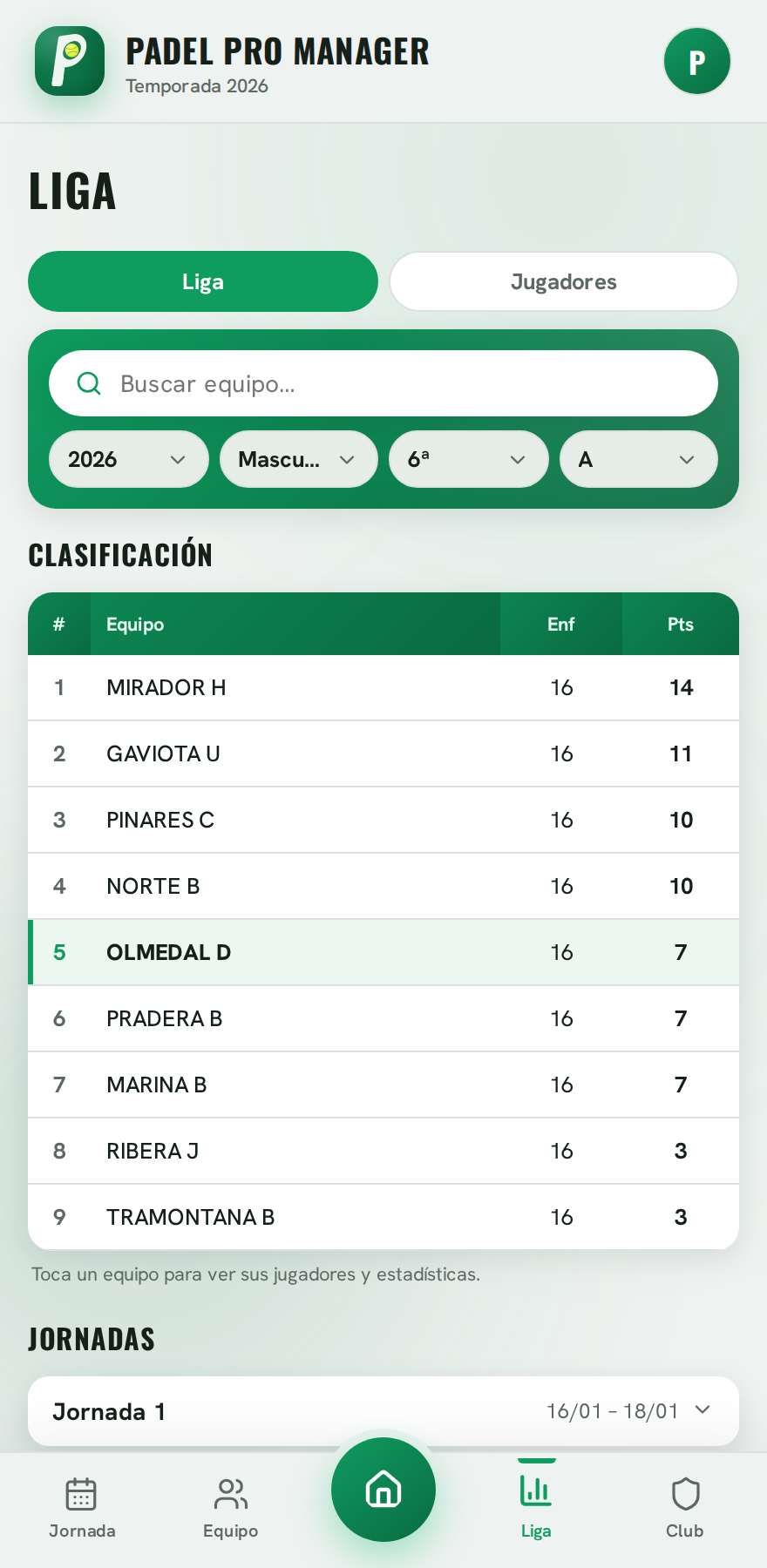 Explorador de la liga con clasificaciones y jornadas