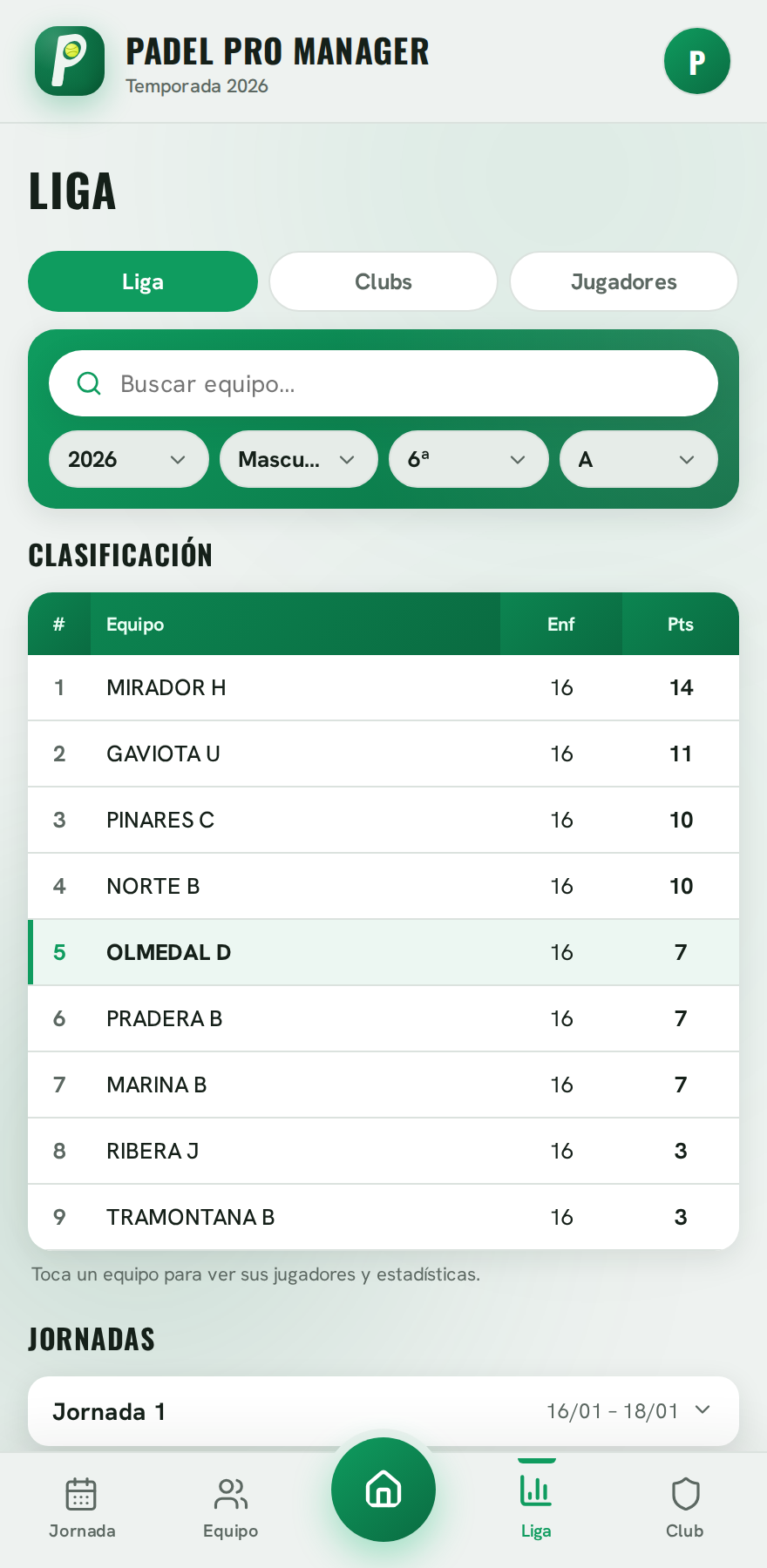 Explorador de la liga con clasificaciones y jornadas