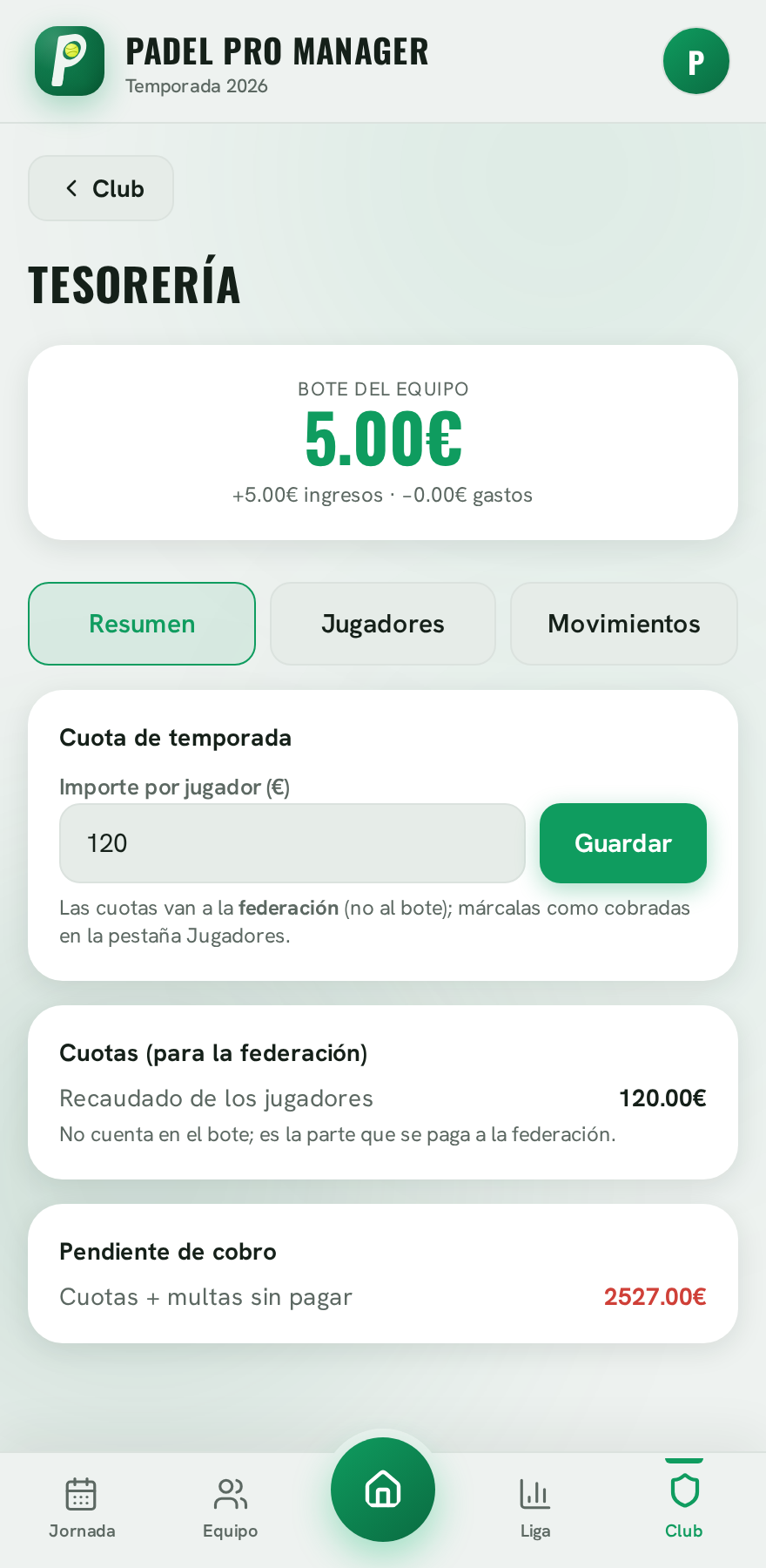 Tesorería del equipo con bote, cuotas y deudas